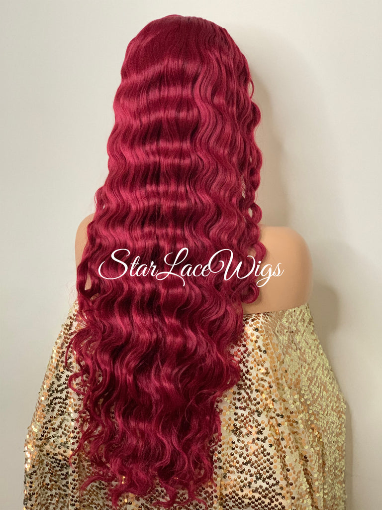 Long Red Wavy Wig Lace Front Human Hair Blend - Rhianna