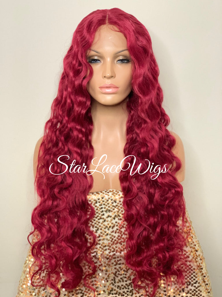Long Red Wavy Wig Lace Front Human Hair Blend - Rhianna
