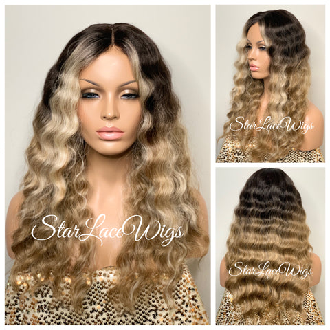 Long Full Wig Synthetic Curly Golden Honey Blonde Dark Roots Middle Part - Willow