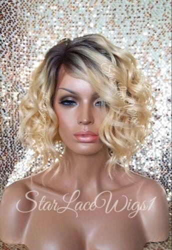 Blonde Human Hair Blend Wavy Dark Root Lace Front Wig