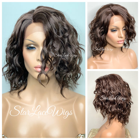 Short Wavy Ash Brown Lace Front Bob Wig Highlights (6x13) Parting Space - Joey