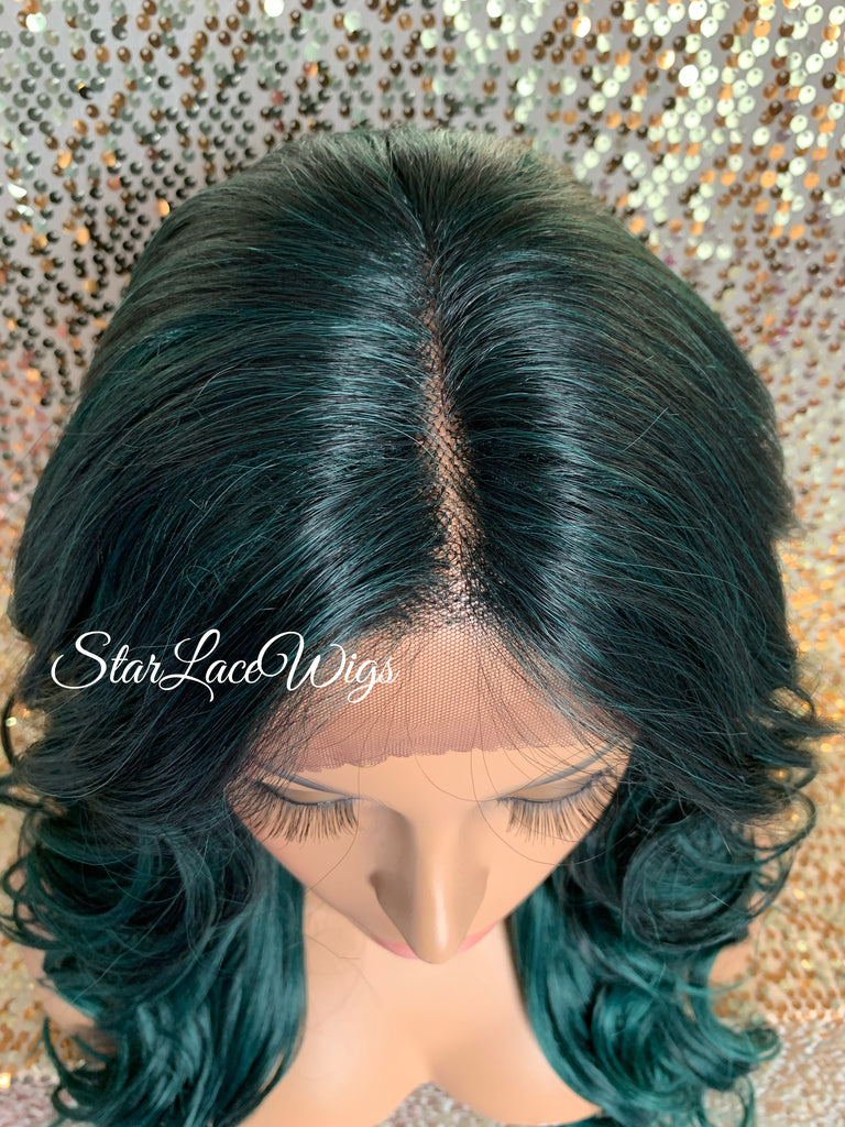 Lace Front Wig Long Synthetic Curly Layers Green Middle Part - Nora