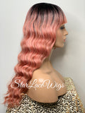 Long Pink Full Wig with Bangs Synthetic Wavy Dark Roots - Cadence