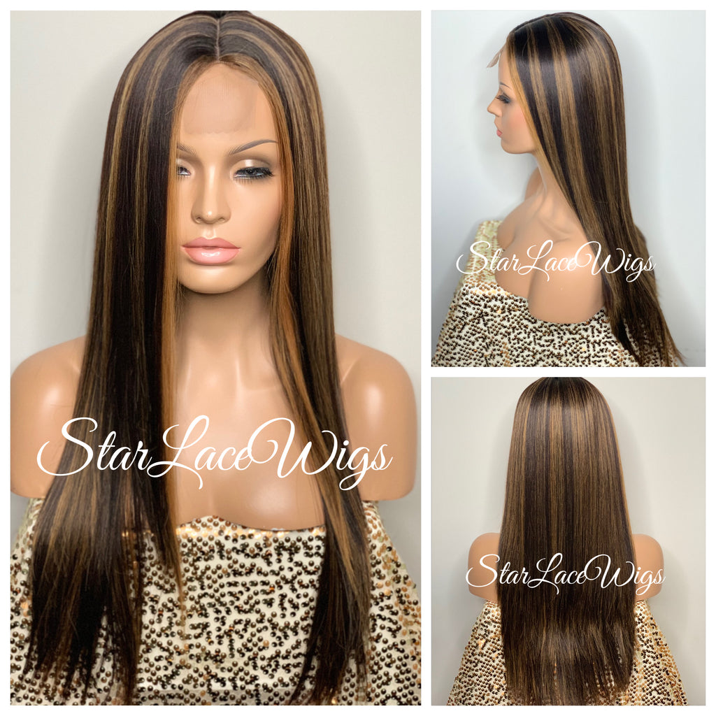 Long Straight Lace Front Wig Dark Brown Middle Part Highlights Synthetic - Mimi