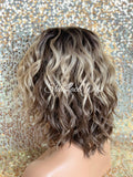 Lace Front Wig Short Wavy Ash Blonde Synthetic Bob Brown Roots - Cina