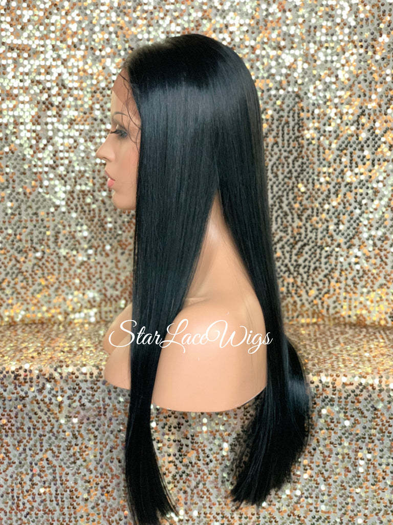 Long Straight Lace Front Wig Black Brown Middle Part Baby Hair Synthetic - Karmen
