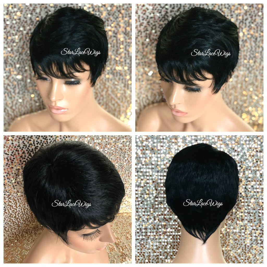 Short Synthetic Wig Black Pixie Bangs - Stacy