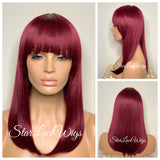 Straight Full Wig With Bangs Burgundy Red Dark Roots Shoulder Length - Cameron