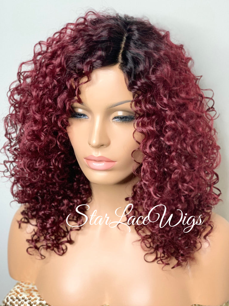 Synthetic Curly Full Wig Burgundy Dark Roots Shoulder Length - Cintia