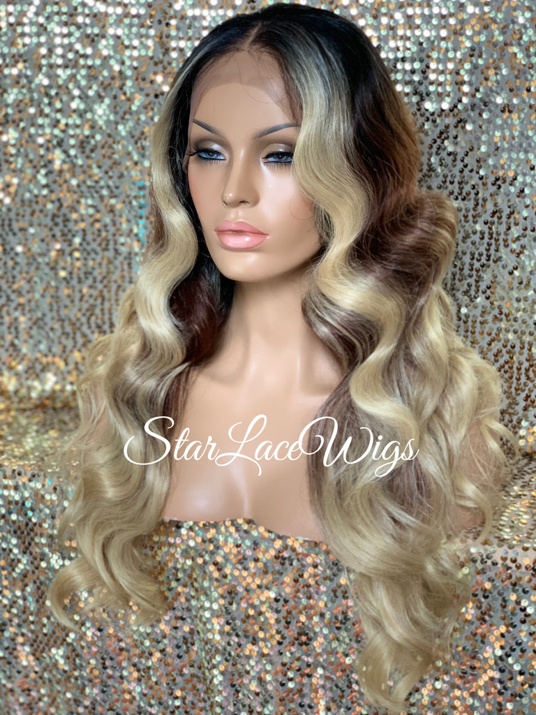 Long Blonde Brown Dark Roots Wavy Lace Front Wig (6x13) Parting Space - Emerald