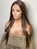 Long Straight Lace Front Wig Dark Brown Middle Part Highlights Synthetic - Mimi