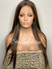 Long Straight Lace Front Wig Dark Brown Middle Part Highlights Synthetic - Mimi