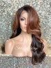 Long Wavy Brown Auburn Ombre Synthetic Lace Front Wig Bangs Dark Roots - Serena