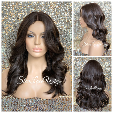 Long Beach Wave Wig Brown with Blonde Highlights Middle Part Synthetic Layers - Valerie