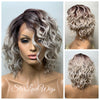 Lace Front Wig Short Wavy Ash Blonde Silver Synthetic Bob Brown Roots - Flavia