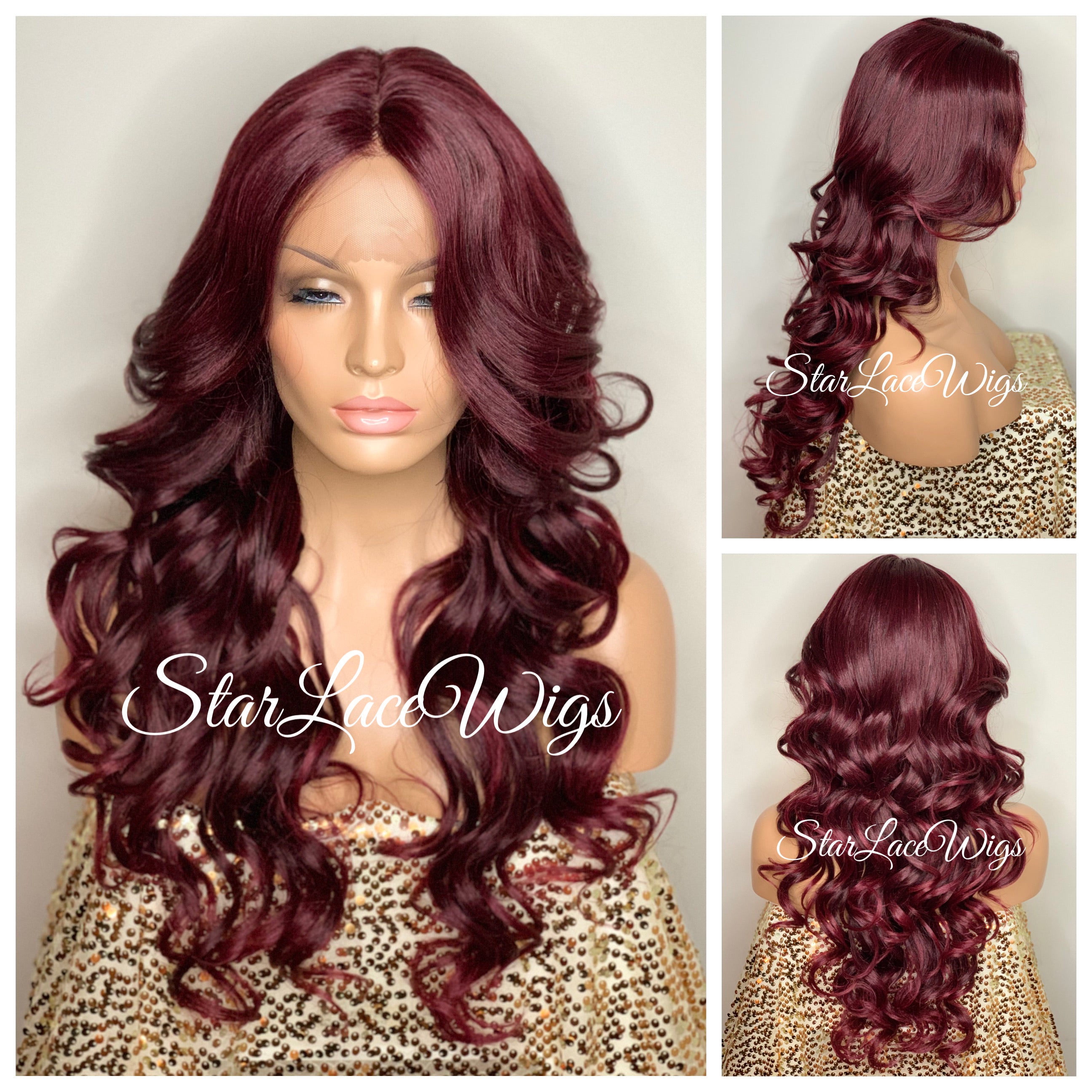 Long Two Tone Burgundy Synthetic Lace Front Wig Ombre Red Heat