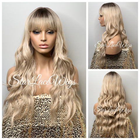 Long Wavy Strawberry Blonde Wig #27 Dark Roots With Chinese Bangs - Kimberly
