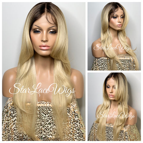 Blonde Wavy Lace Front Bob Wig Dark Roots Asymmetrical Side Part - Aimee