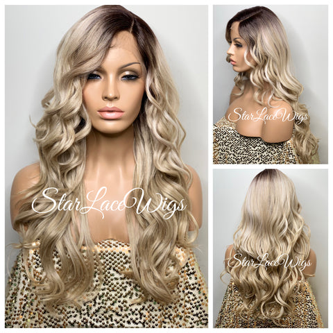 Long Wavy Synthetic Lace Front Wig Brown Auburn Ombre Layers - Carissa