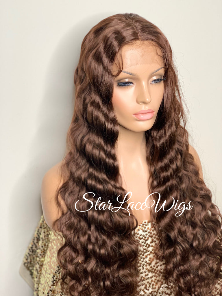 Long Crimped Wavy Human Hair Blend Lace Front Wig Brown - Bryn