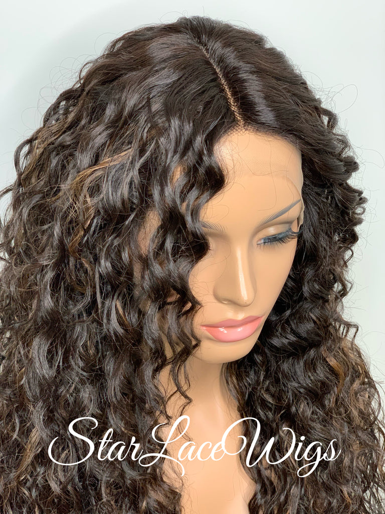 Lace Front Wig Long Wavy Curly Middle Part Brown #30 Highlights - Denise