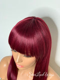 Straight Full Wig With Bangs Burgundy Red Dark Roots Shoulder Length - Cameron