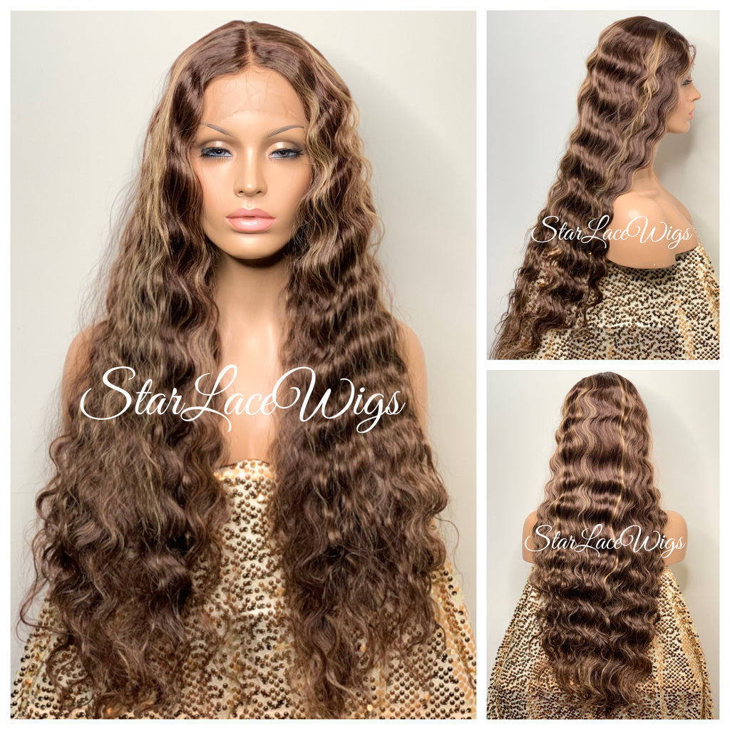 Long Crimped Wavy Human Hair Blend Lace Front Wig Brown Highlights - Megan