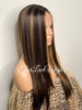 Long Straight Lace Front Wig Dark Brown Middle Part Highlights Synthetic - Mimi