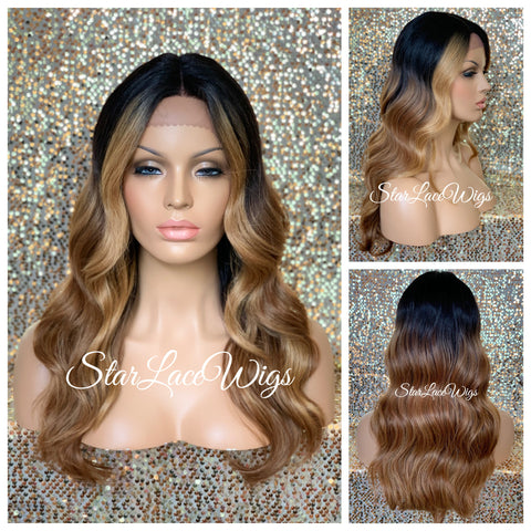 Synthetic Lace Front Wig Brown Auburn Blonde Highlights Long Curly - Brie