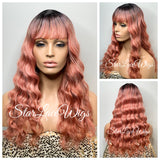 Long Pink Full Wig with Bangs Synthetic Wavy Dark Roots - Cadence