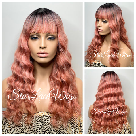 Long Wavy Gray Pink Wig With Chinese Bangs - Anna
