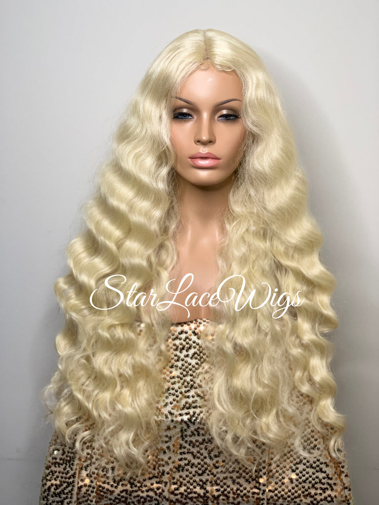 Long Platinum Blonde #613 Wavy Wig Middle Part Synthetic - Kymora