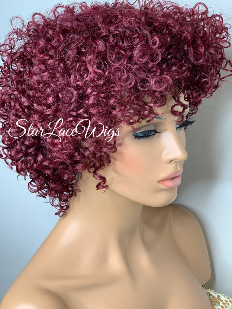 Short Curly Wig Layers Burgundy Bangs - Justina