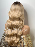 Long Blonde Wavy Synthetic Lace Front Wig Dark Roots - Yasmin