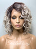 Lace Front Wig Short Wavy Ash Blonde Silver Synthetic Bob Brown Roots - Flavia