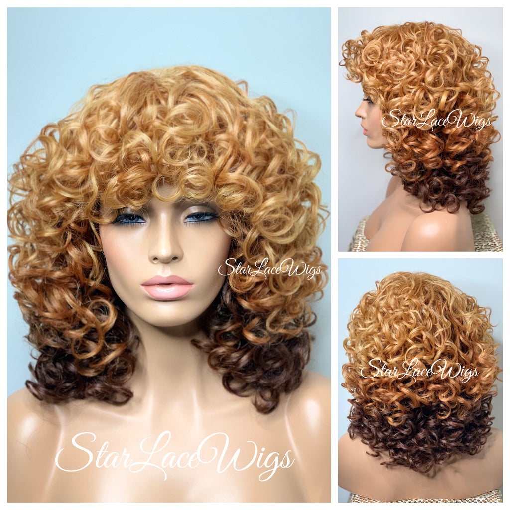 Curly Ombré Strawberry Blonde Auburn Brown Wig Bangs - Carla