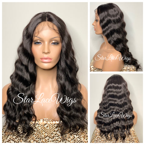 Lace Front Wig Synthetic Wavy Black Brown Middle Part - Aubrey