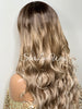 Long Full Wig Synthetic Curly Balayage Ash Blonde Dark Roots Middle Part - Alice