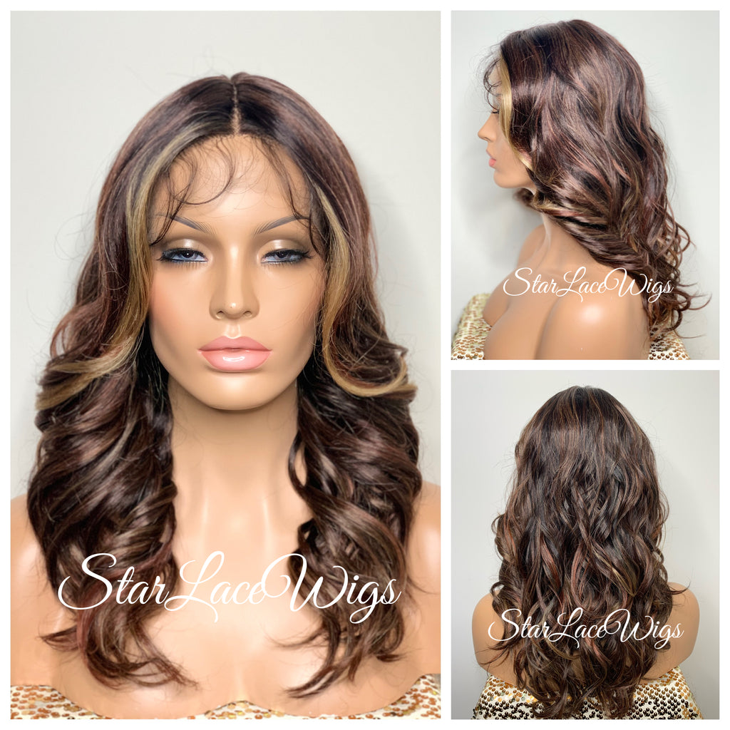 Lace Front Wig Long Curly Layers Brown Auburn Blonde Highlights - Ginger