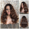 Long Brown Body Wave Wig Dark Brown Roots Middle Part Synthetic - Sally