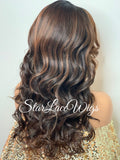 Lace Front Wig Synthetic Brown Long Wavy Dark Roots Layers - Candice