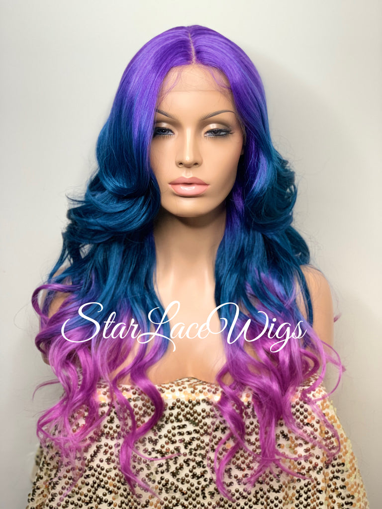 Lace Front Wig Purple Blue Pink Ombre Rainbow Unicorn Mermaid Hair Wig - Violet