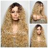 Long Full Wig Synthetic Curly Golden Blonde Dark Roots Middle Part Bangs - Harley