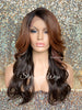 Long Wavy Brown Auburn Ombre Synthetic Lace Front Wig Bangs Dark Roots - Serena