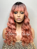 Long Pink Full Wig with Bangs Synthetic Wavy Dark Roots - Cadence