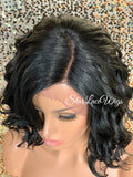 Lace Front Wig Asymmetrical Angled Bob Wavy Black Bangs - Trudy