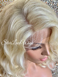 Short Wavy Platinum Blonde Lace Front Bob Wig (6x13) Parting Space - Blanca