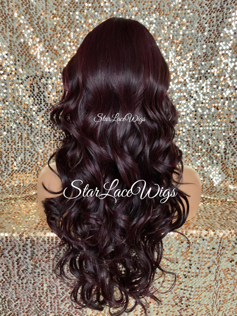Lace Front Wig Long Synthetic Curly Layers Dark Burgundy Plum Middle Part - Lori