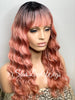 Long Pink Full Wig with Bangs Synthetic Wavy Dark Roots - Cadence