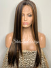 Long Straight Lace Front Wig Dark Brown Middle Part Highlights Synthetic - Mimi